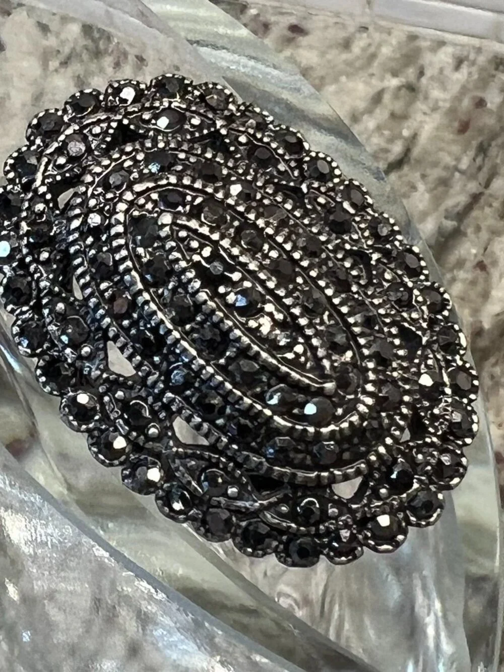 Vintage Marcasite Style Statement Cocktail Ring - Oxidized Black Oval SIZE 6.5/7